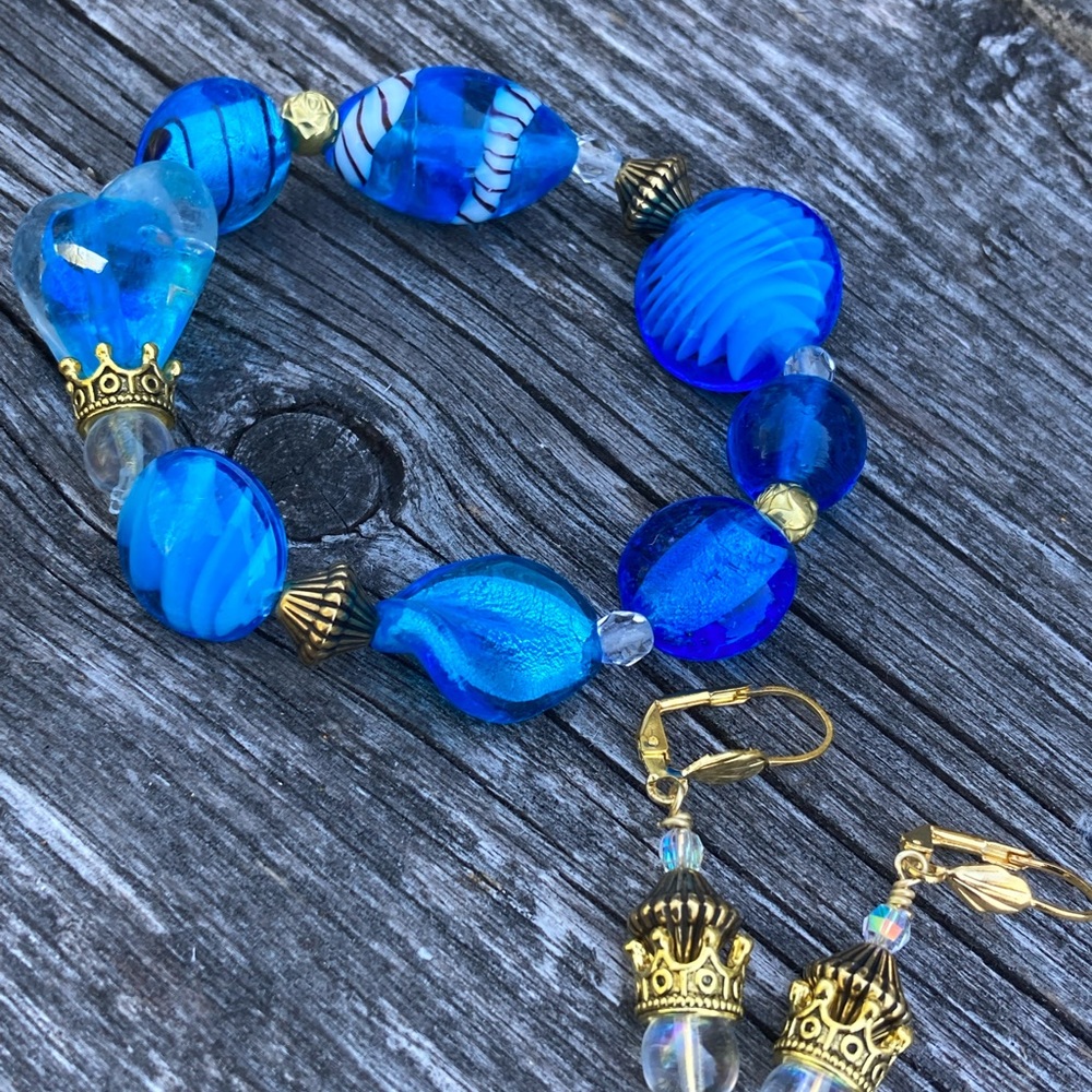 NWT Lampwork Glass Stretch Elastic Bracelet & Matching Earring Set
